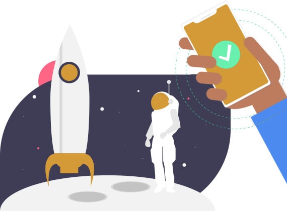 Online Sichtbarkeit. Rakete astronaut smartphone Internet. Illustration